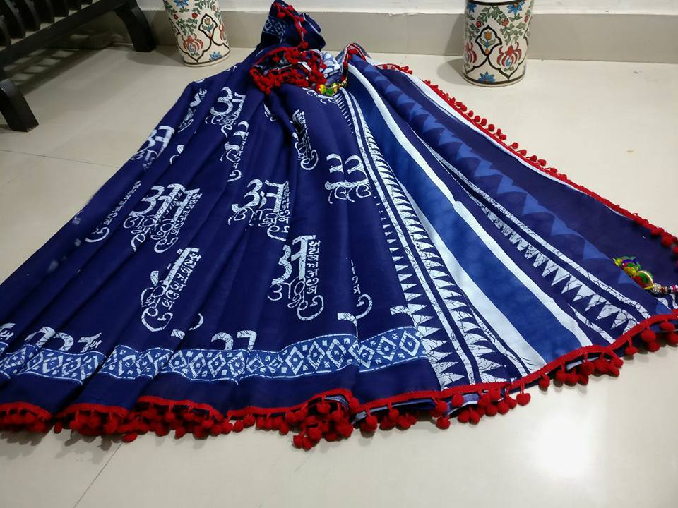 Blue Bagru Printed Pure Cotton Sarees - Dailybuyys