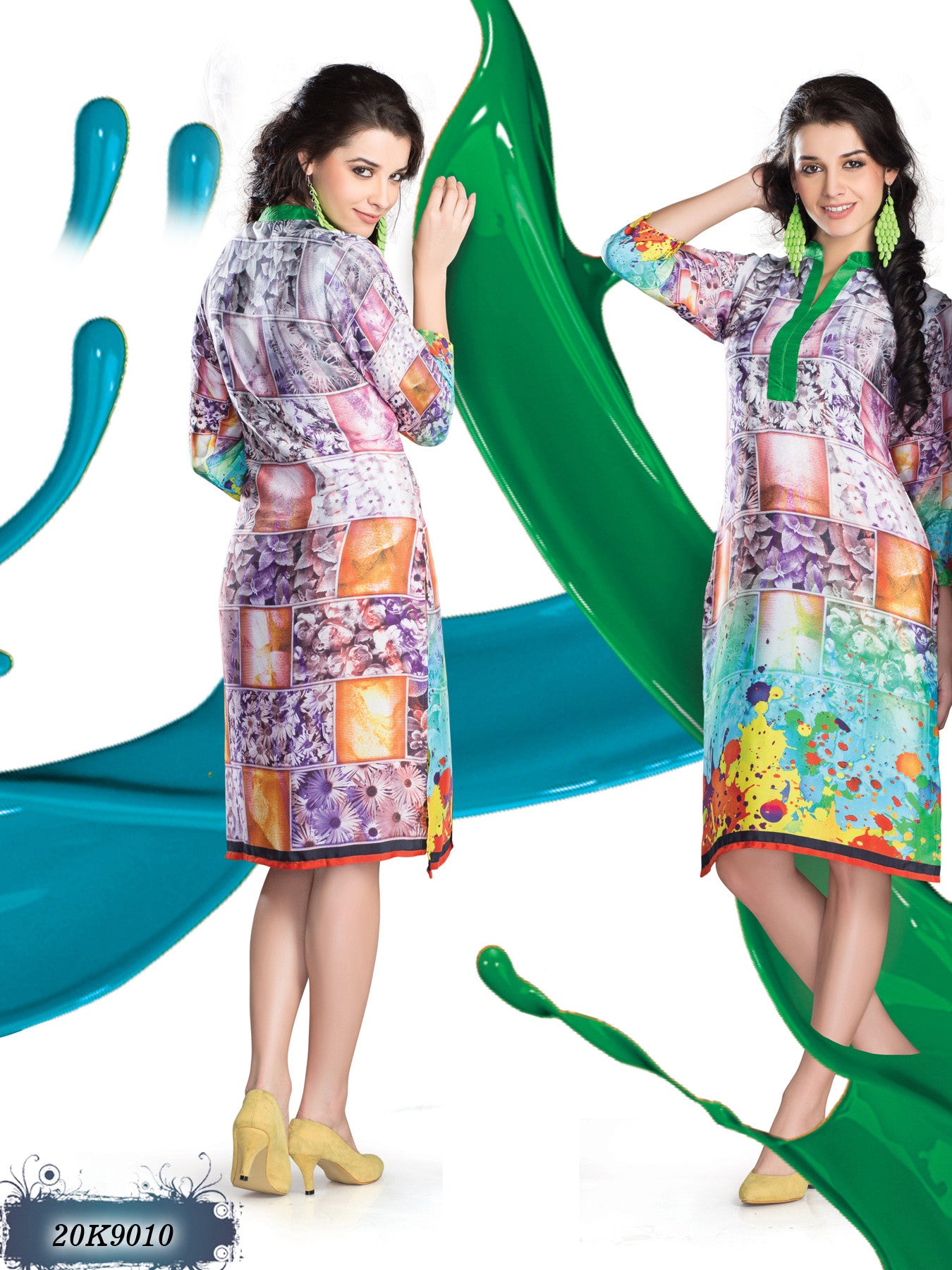 New Multi Colour Satin Stitched Digital Print Front & Back kurtis - Dailybuyys