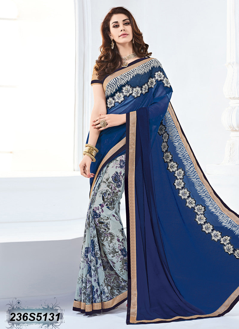 Blue & Grey Georgette Sarees - Dailybuyys