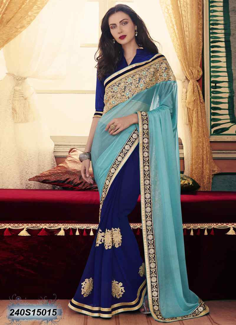 Navy Blue & Sea Blue Georgette Sarees - Dailybuyys