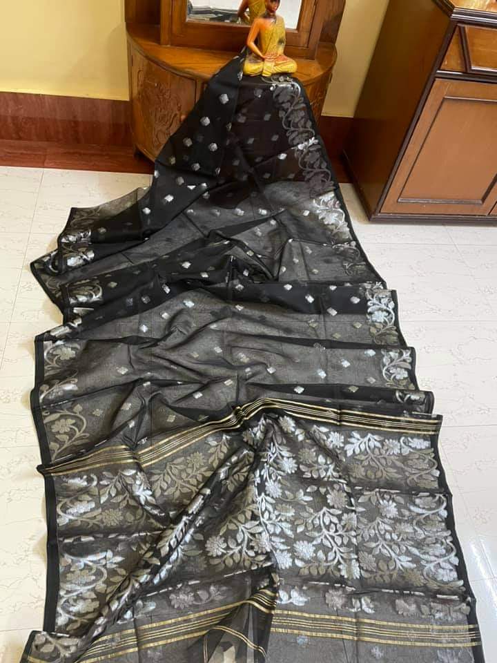 Black Silk Mark Certified Muslin Jori Work Saree - Dailybuyys