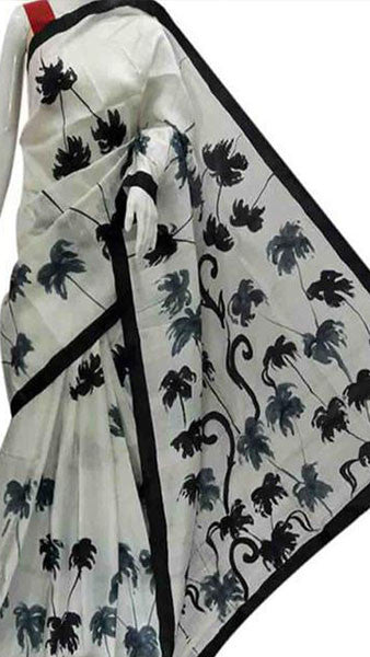 Black & Beige Block Printed Silk Mark Certified Bishnupuri Silk Sarees - Dailybuyys