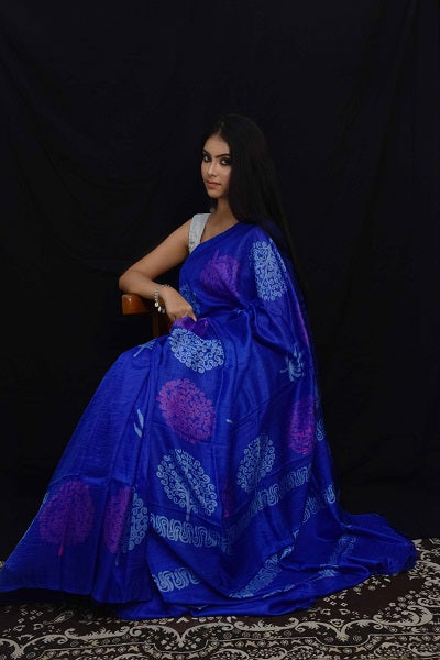 Moroccan Blue Discharge Block Printed Silk Mark Certified Murshidabad Silk Sarees - Dailybuyys