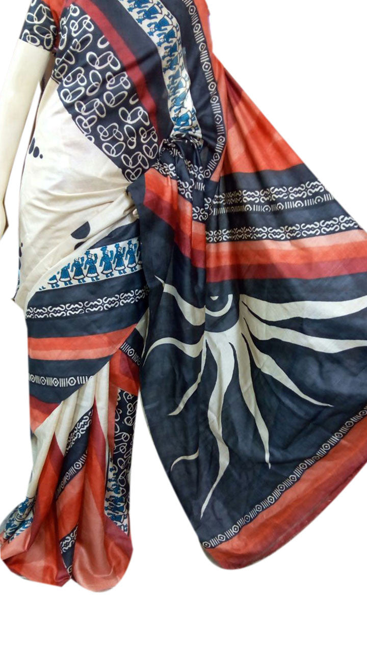 White Gachi Zari Border Pure Silk Mark Certified Tussar Silk Sarees - Dailybuyys