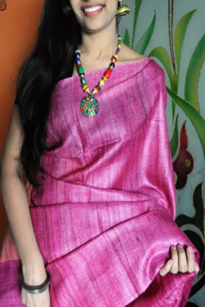 Pink Zari Border Pure Silk Mark Certified Tussar Silk Sarees - Dailybuyys