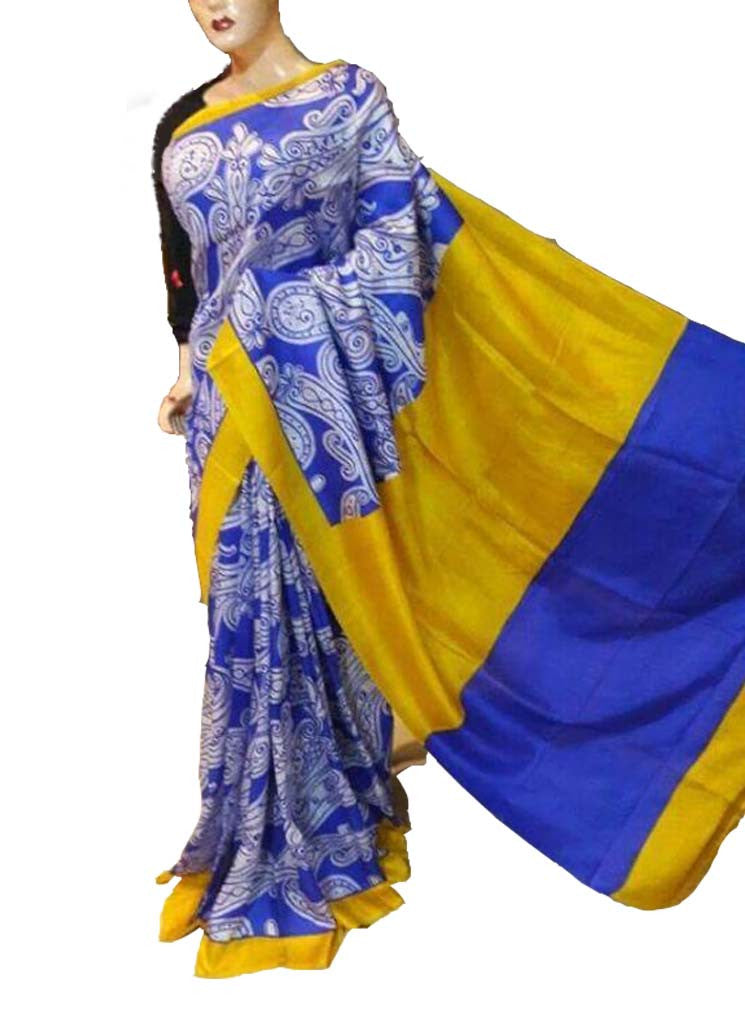 Blue & Yellow Block Printed Pure Silk Mark Certified Bishnupuri Silk Sarees - Dailybuyys