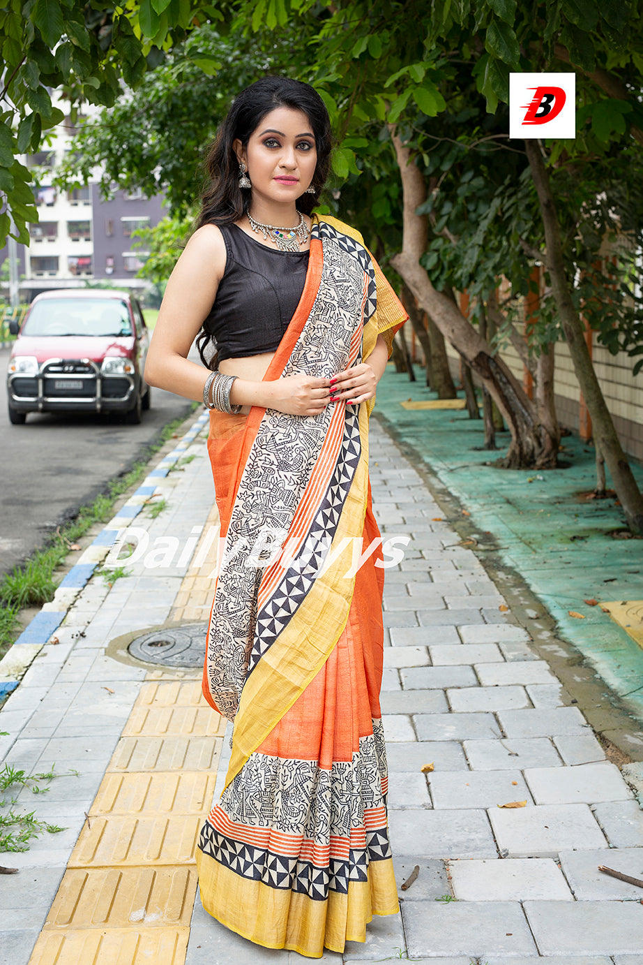 Orange Yellow Block Printed Zari Border Pure Silk Mark Certified Tussar Silk Sarees - Dailybuyys