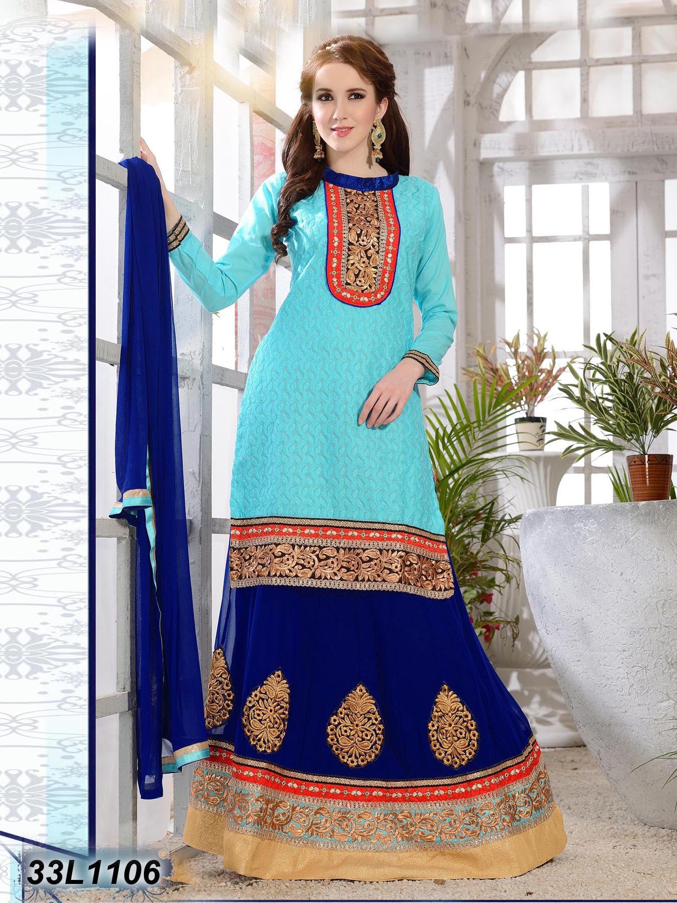 Royal Blue Sky Blue Georgette Lehenga Choli - Dailybuyys