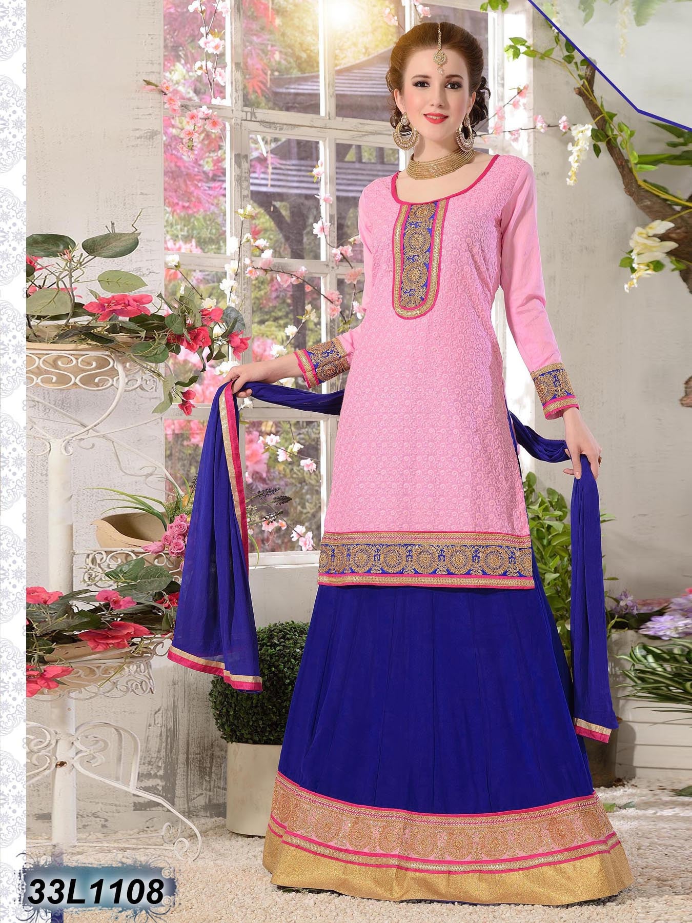 Royal Blue Pink Georgette Lehenga Choli - Dailybuyys
