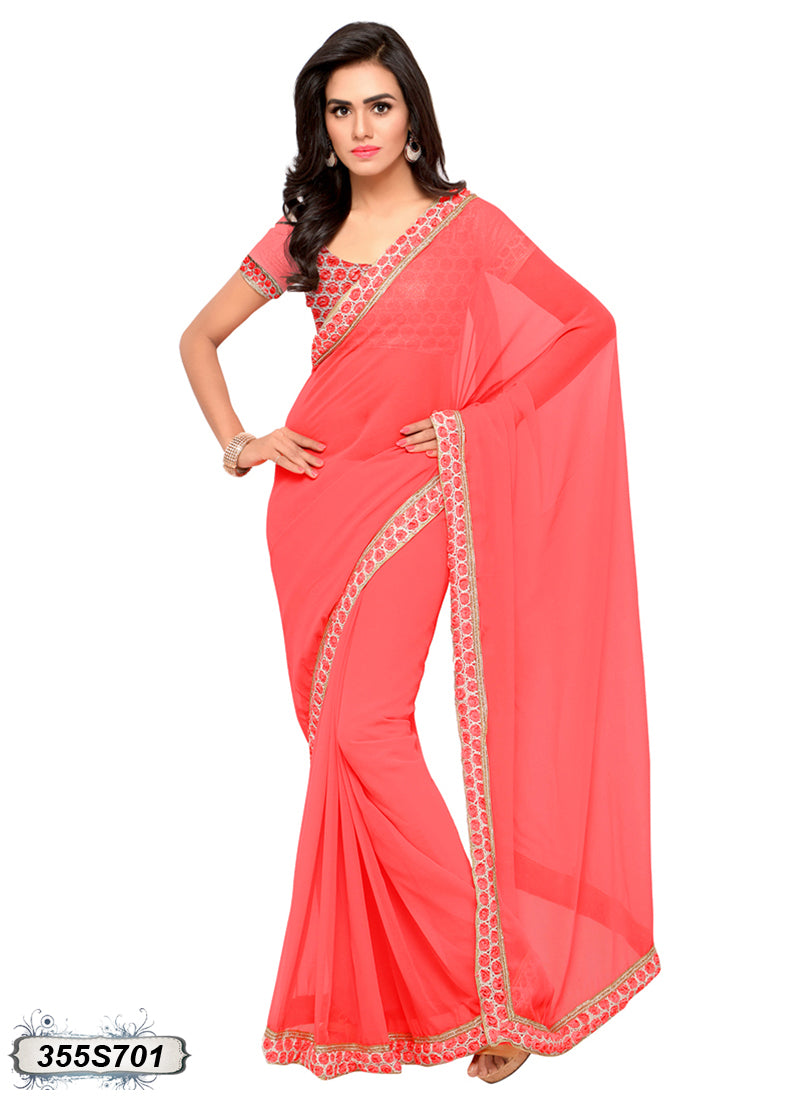 Neon Pink White Georgette Sarees - Dailybuyys