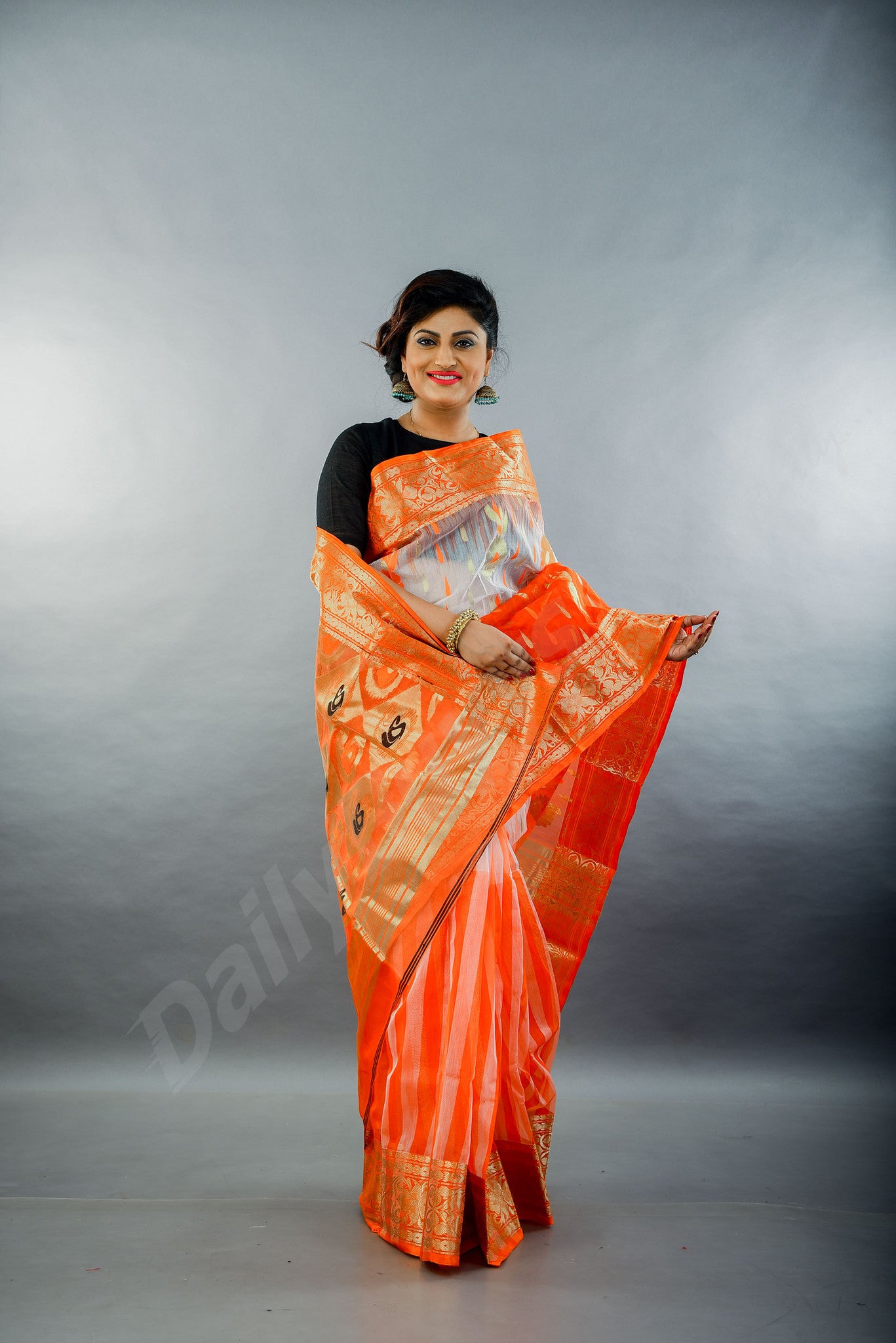 Orange Golden Dhakai Jamdani Sarees - Dailybuyys