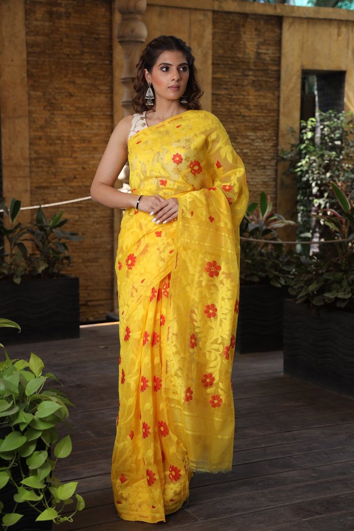 Yellow Shade Handwoven Pure Pure Cotton Jamdani Saree - Dailybuyys