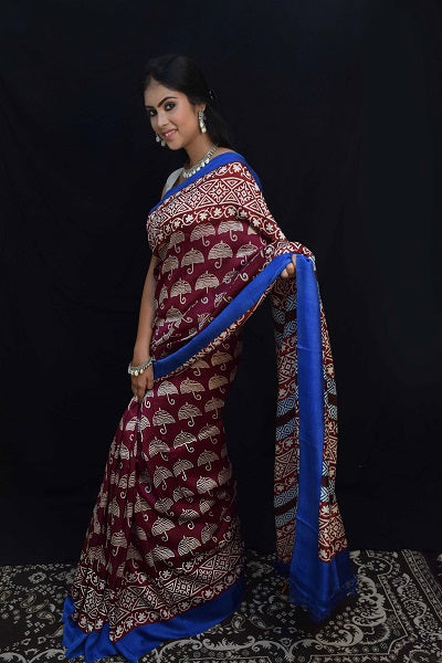 Mahogany Red Block Printed Silk Mark Certified Bishnupuri Silk Sarees - Dailybuyys