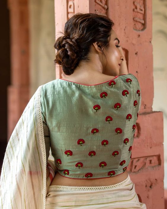 Sage color Boat neck Embroidery Detailing three fourth sleeve Blouses(Add to Cart 15% Off) - Dailybuyys