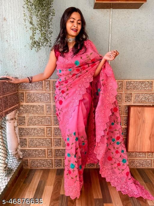 Beige Pure Digital Print Organza Sarees - Dailybuyys