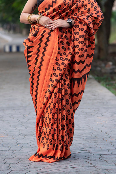 Orange Black Block Printed Pure Silk Mark Certified Bishnupuri Silk Sarees - Dailybuyys