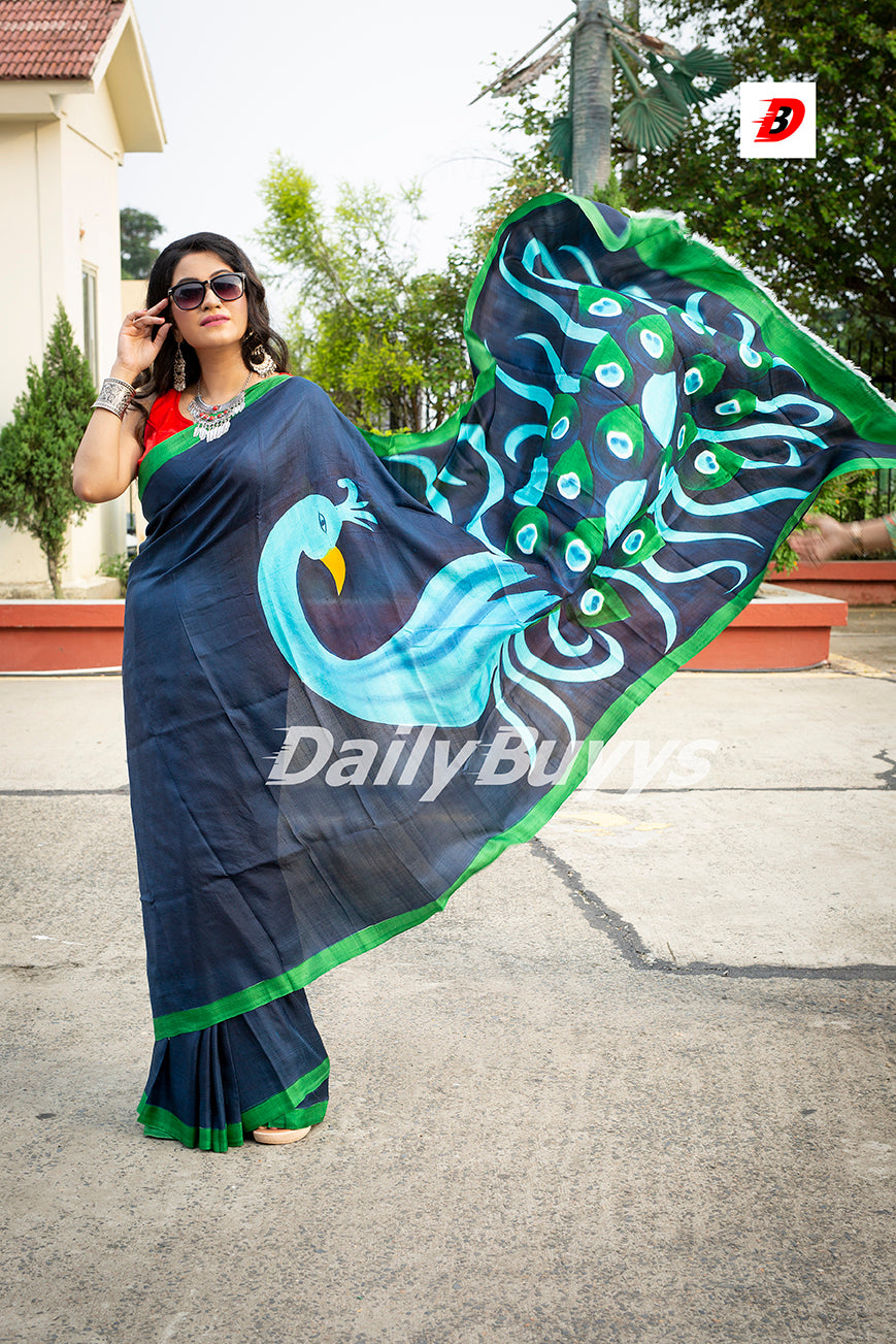Blue Hand Painted Pure Silk Mark Certified Bishnupuri Silk Sarees - Dailybuyys
