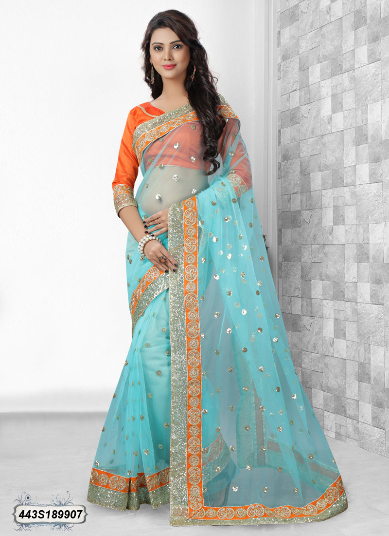 Blue, Orange Net Sarees - Dailybuyys