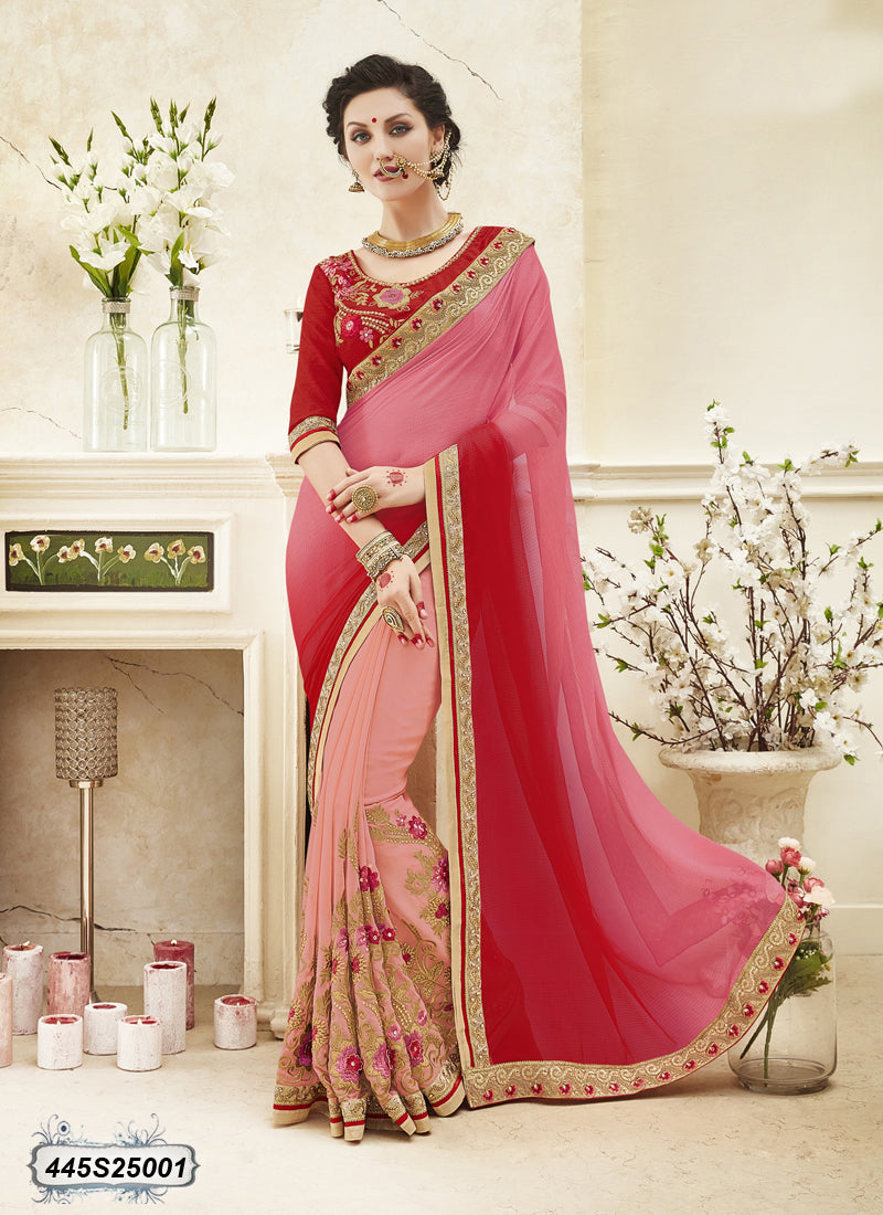 Peach,Red Georgette Sarees - Dailybuyys
