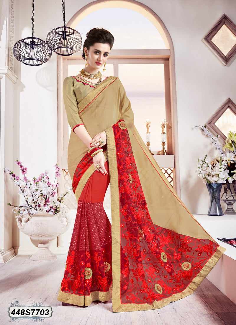 Beige,Red Georgette Sarees - Dailybuyys