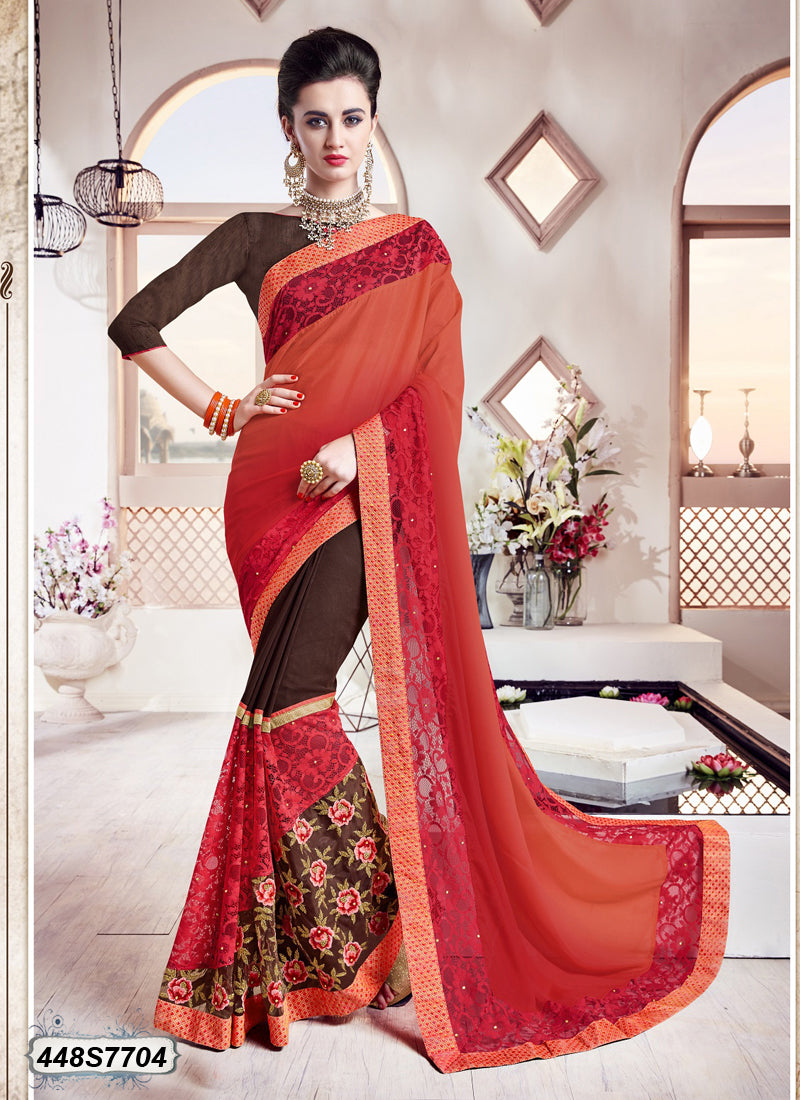 Brown,Red Georgette Sarees - Dailybuyys