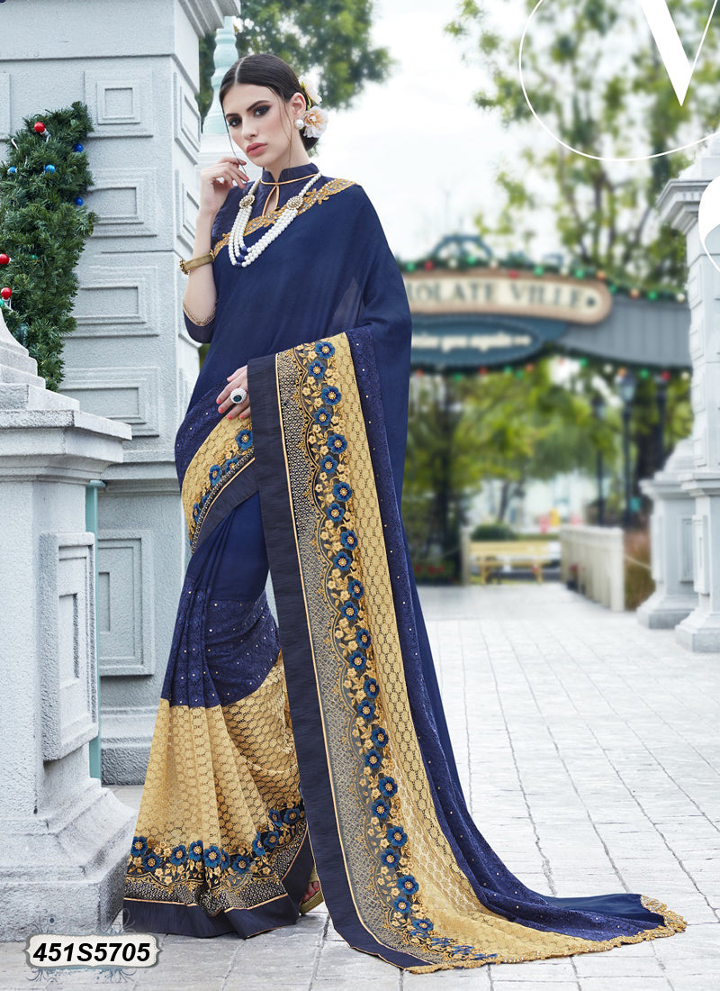 Blue Beige Georgette Sarees - Dailybuyys