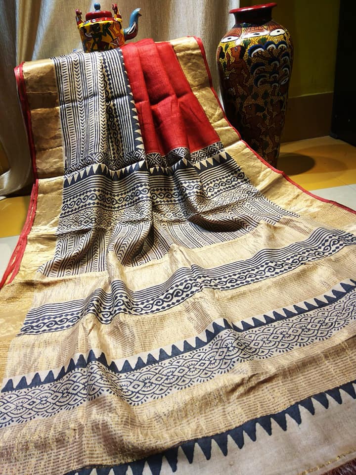 Beige Red Block Printed Zari Border Pure Silk Mark Certified Tussar Silk Sarees - Dailybuyys
