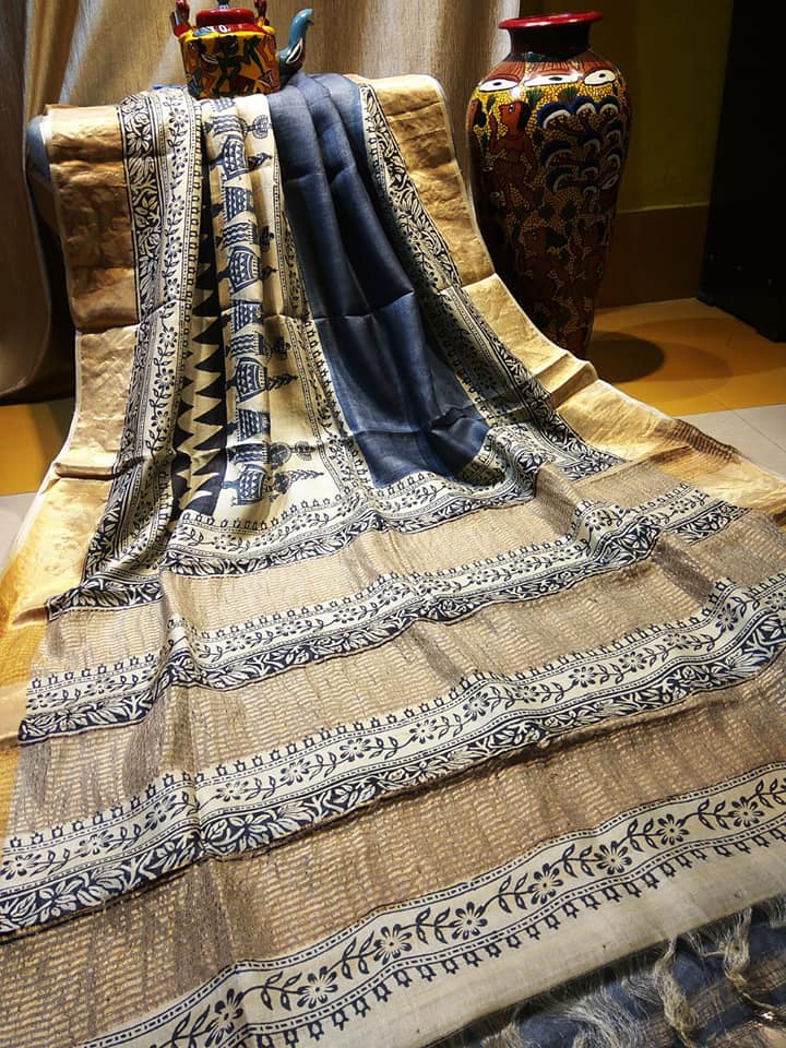 Beige Grey Block Printed Zari Border Pure Silk Mark Certified Tussar Silk Sarees - Dailybuyys