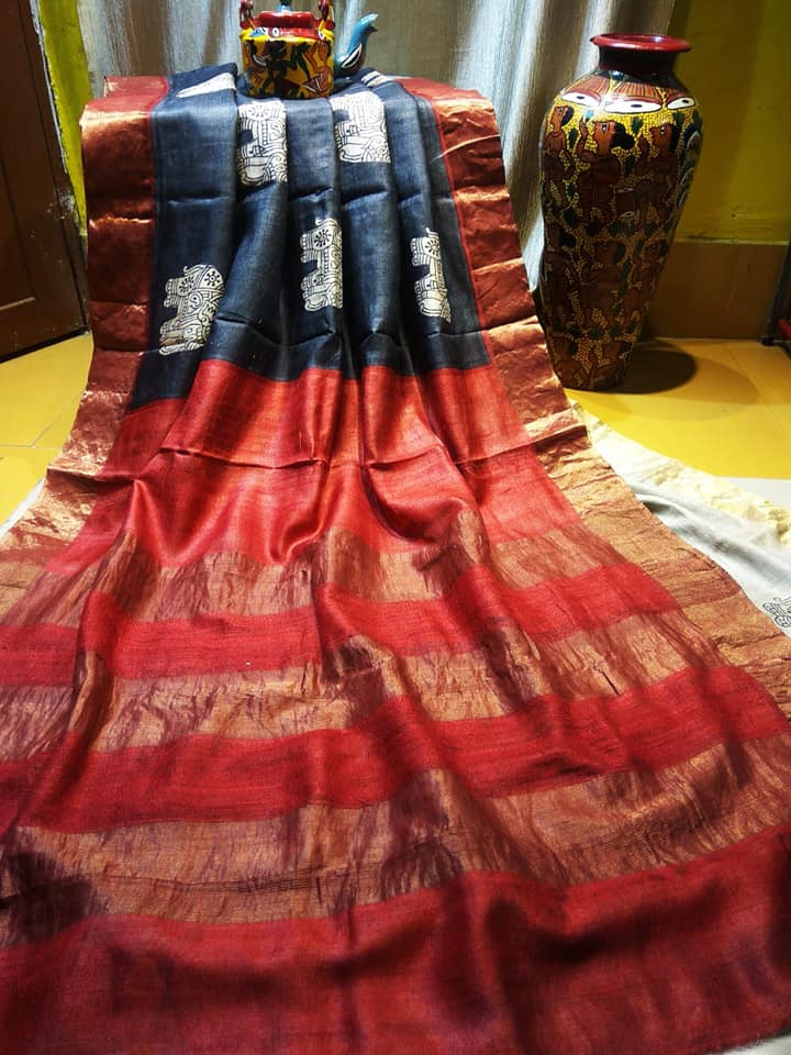 Red Grey Zari Block Printed Zari Border Pure Silk Mark Certified Tussar Silk Sarees - Dailybuyys