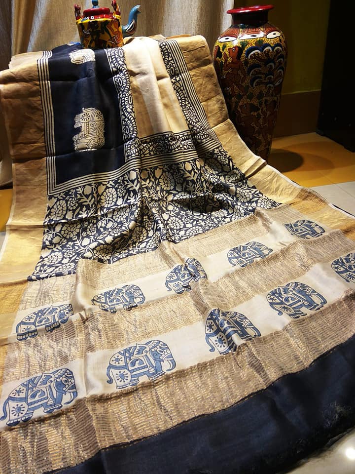 Beige Grey Block Printed Zari Border Pure Silk Mark Certified Tussar Silk Sarees - Dailybuyys