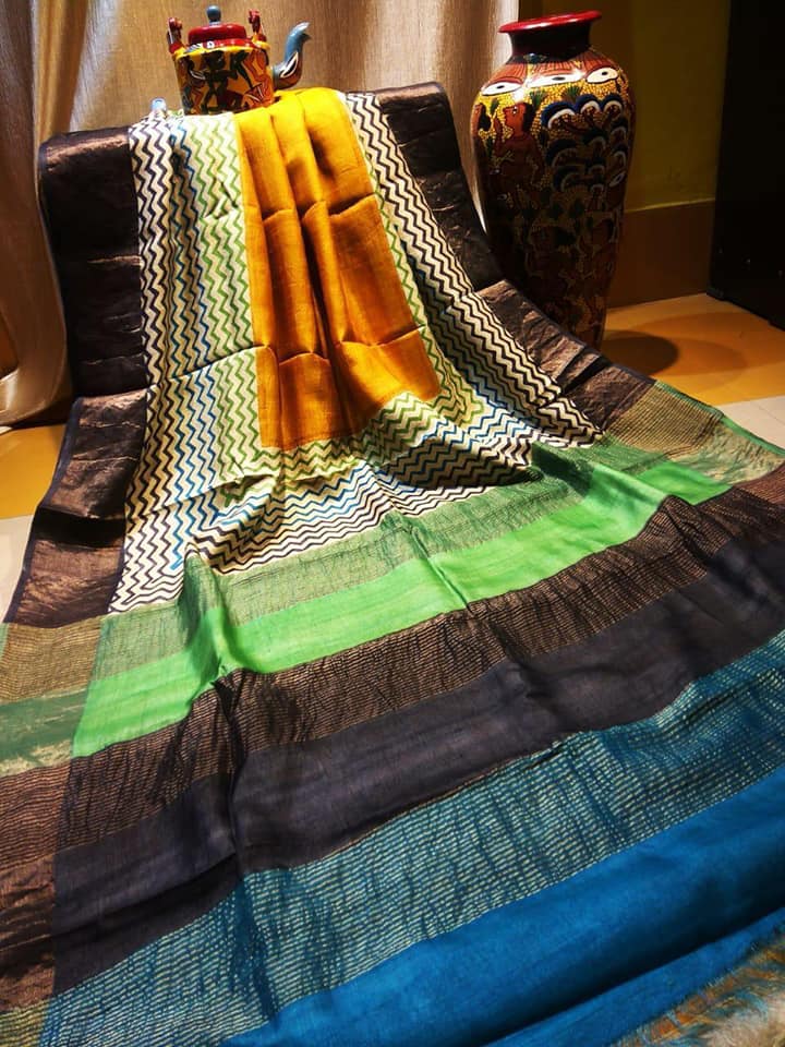 Blue Yellow Zari Block Printed Zari Border Pure Silk Mark Certified Tussar Silk Sarees - Dailybuyys
