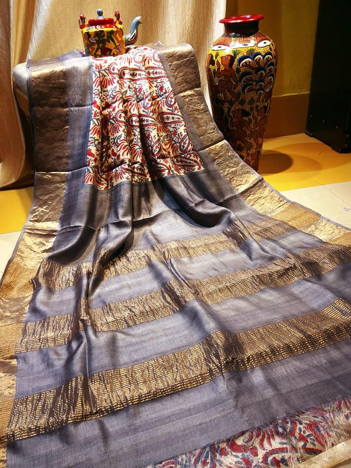 Beige Grey Block Printed Zari Border Pure Silk Mark Certified Tussar Silk Sarees - Dailybuyys
