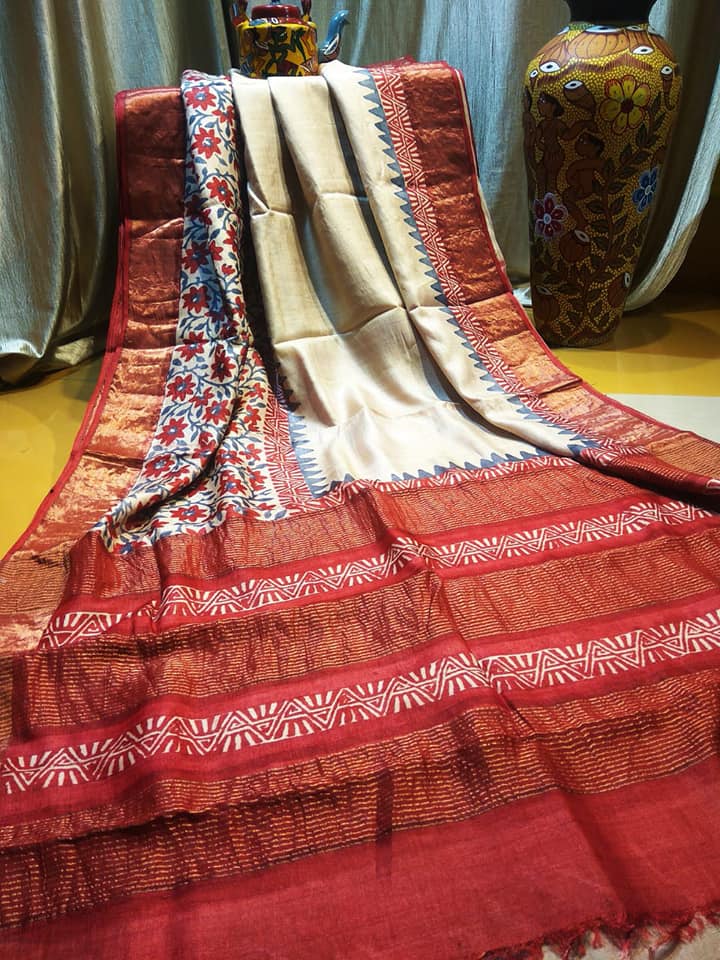 Red Beige Block Printed Zari Border Pure Silk Mark Certified Tussar Silk Sarees - Dailybuyys