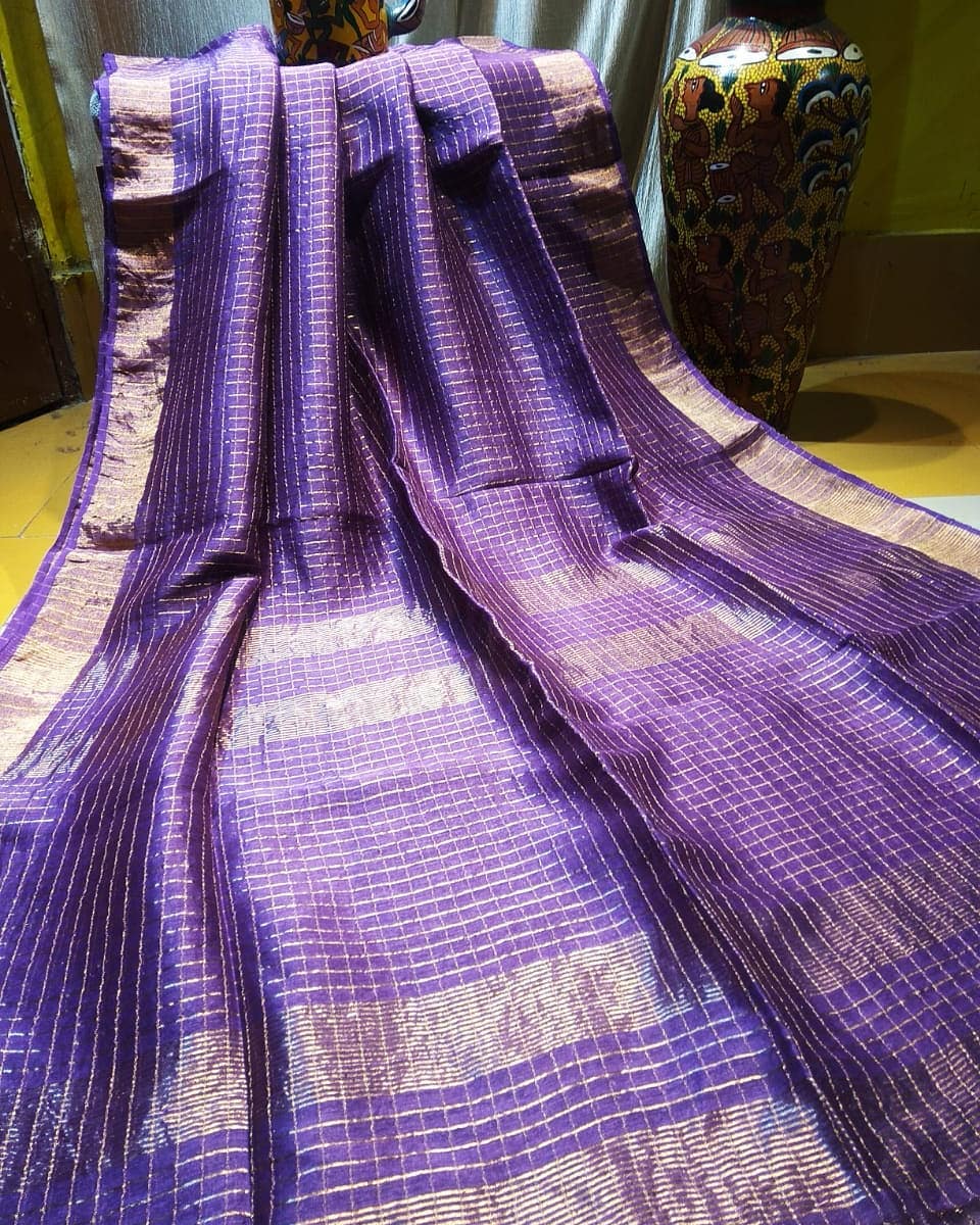 Purple Check Pure Linen Sarees - Dailybuyys