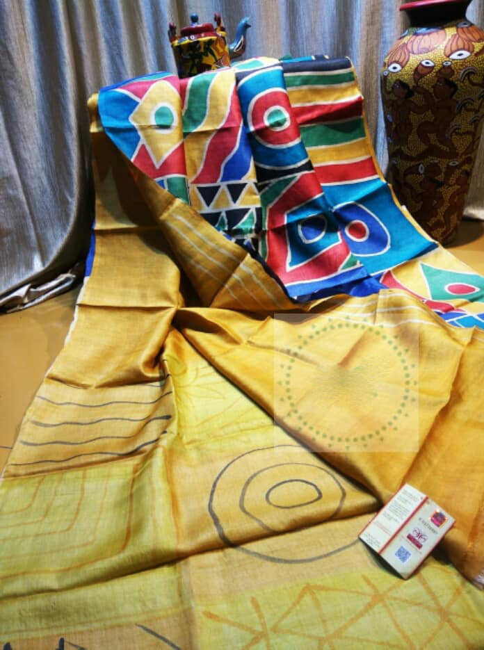 Yellow Blue Hand Painted Zari Border Pure Silk Mark Certified Tussar Silk Sarees - Dailybuyys