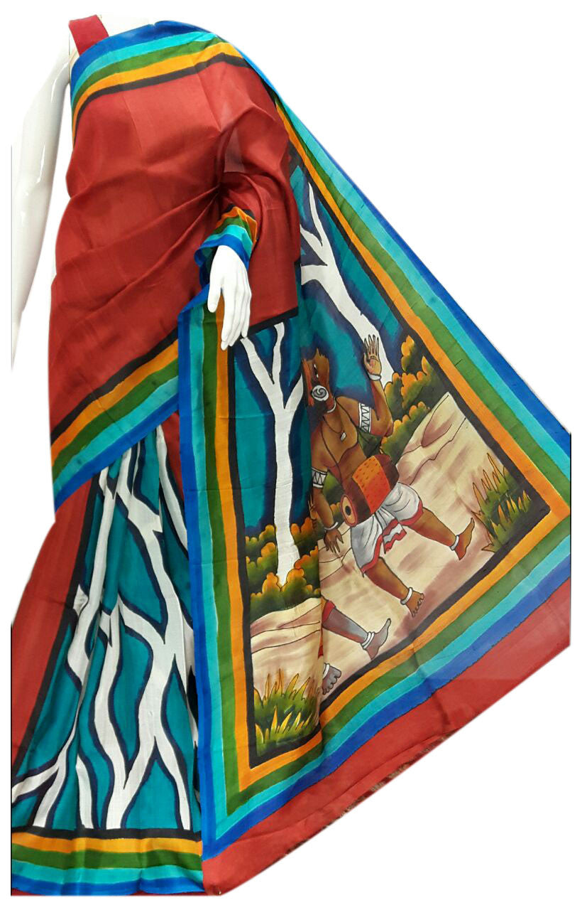 Red Blue Hand Painted Pure Silk Mark Certified Bishnupuri Silk Sarees - Dailybuyys