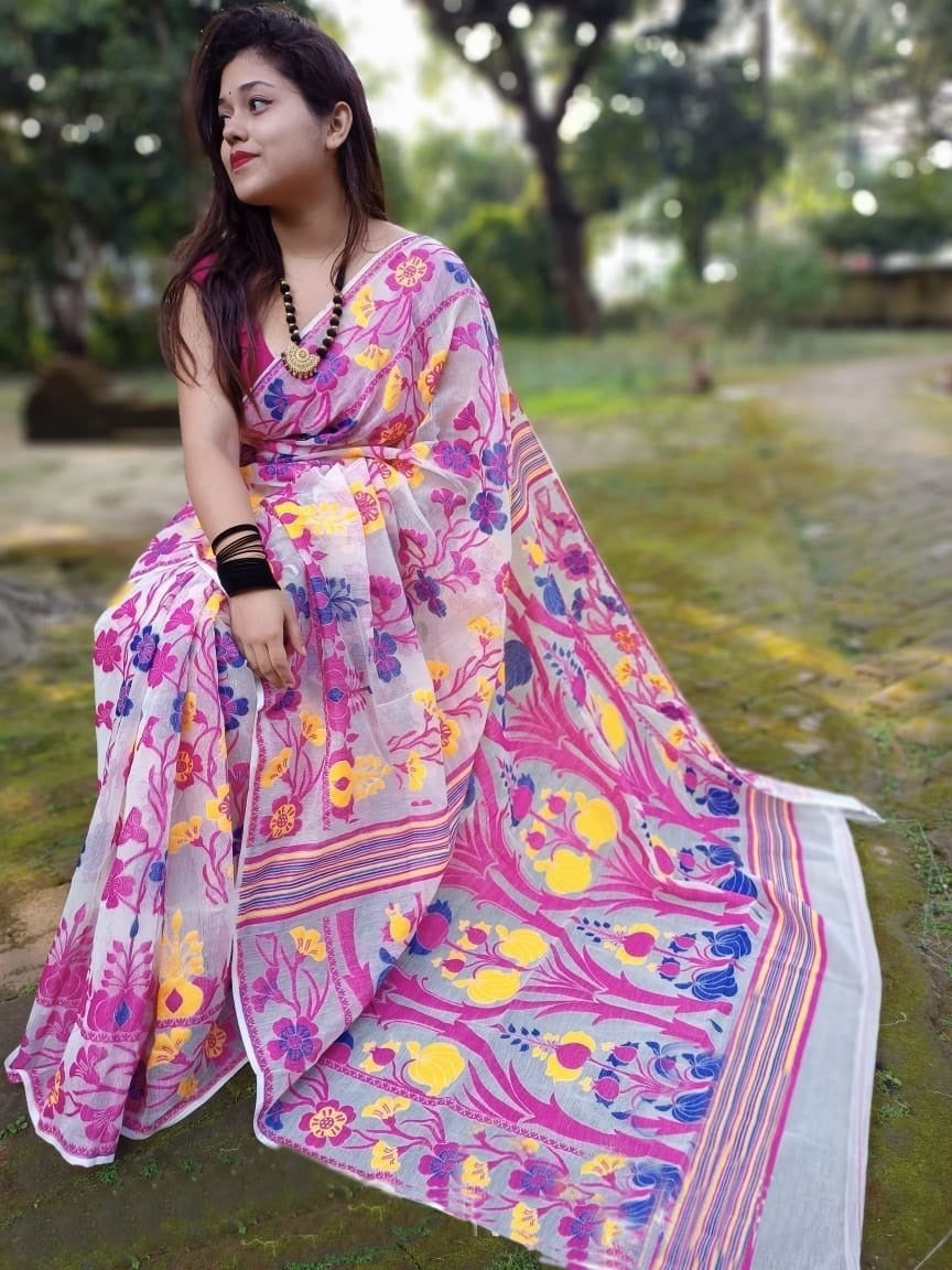 White soft Dhakai Jamdani Sarees - Dailybuyys
