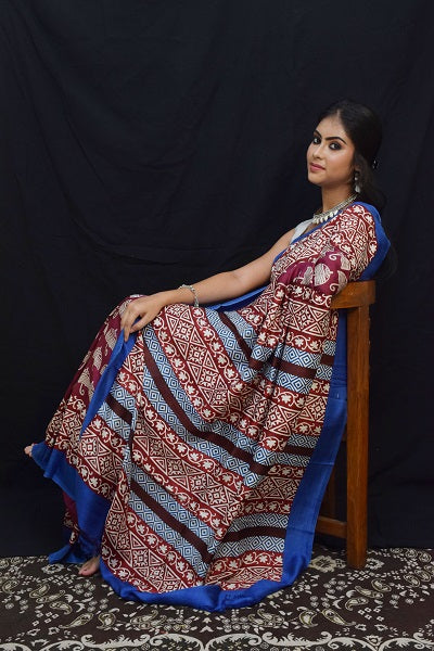 Mahogany Red Block Printed Silk Mark Certified Bishnupuri Silk Sarees - Dailybuyys