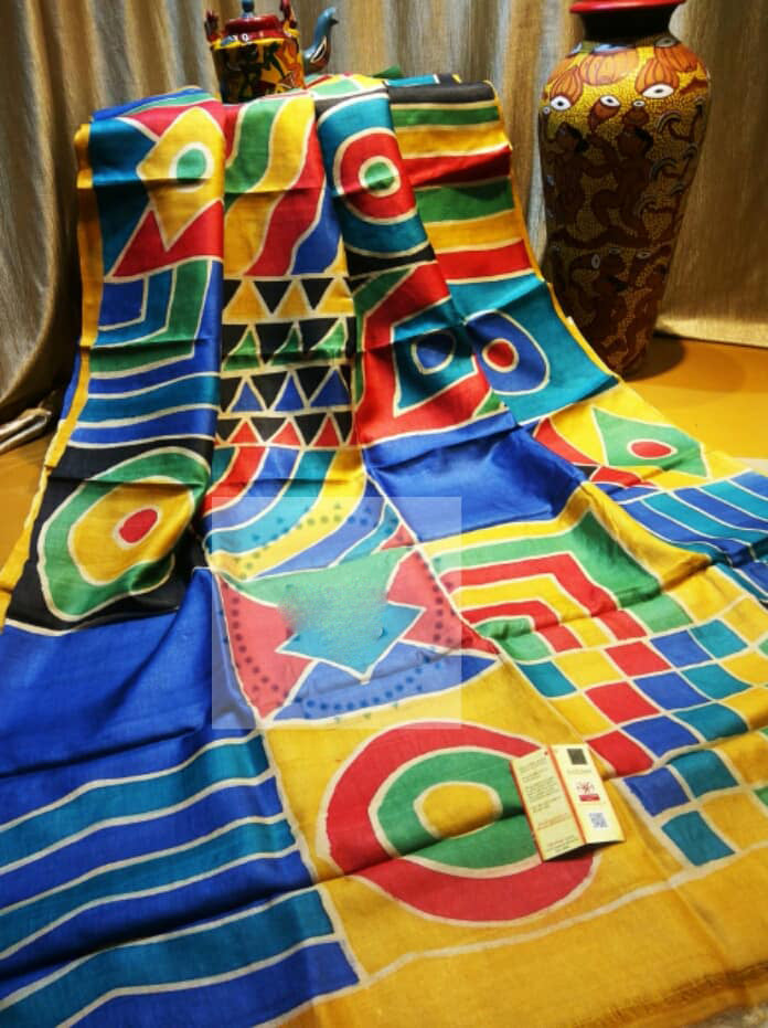 Blue Yellow Hand Painted Zari Border Pure Silk Mark Certified Tussar Silk Sarees - Dailybuyys