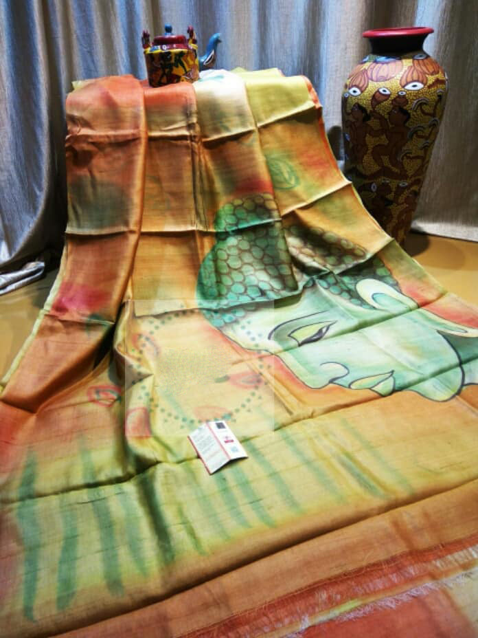 Yellow Red Hand Painted Zari Border Pure Silk Mark Certified Tussar Silk Sarees - Dailybuyys