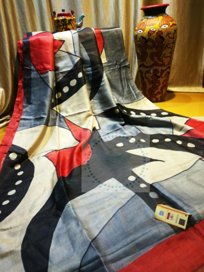 Red Black Hand Painted Zari Border Pure Silk Mark Certified Tussar Silk Sarees - Dailybuyys