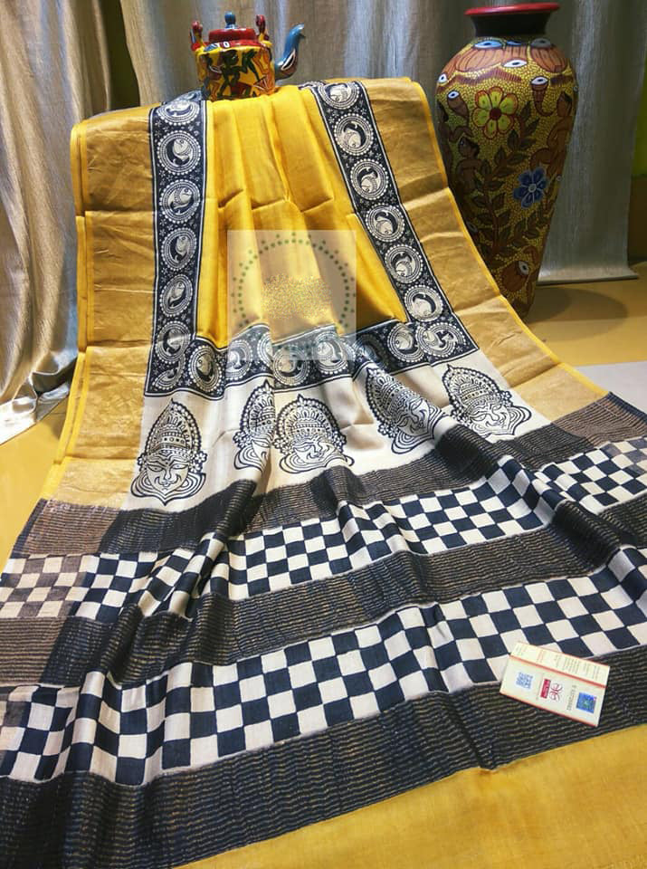 Yellow Black Zari Block Printed Zari Border Pure Silk Mark Certified Tussar Silk Sarees - Dailybuyys