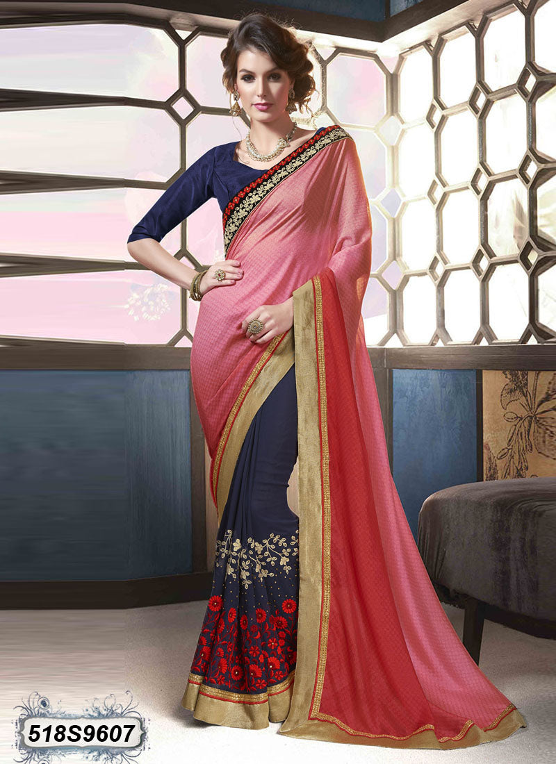Peach Blue Georgette Sarees - Dailybuyys
