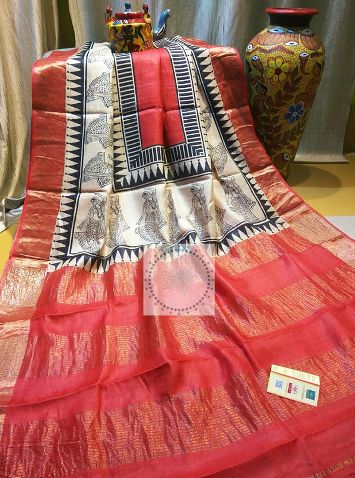 Red Zari Block Printed Zari Border Pure Silk Mark Certified Tussar Silk Sarees - Dailybuyys