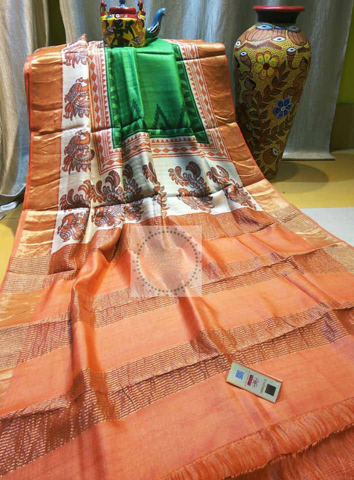 Orange Green Zari Block Printed Zari Border Pure Silk Mark Certified Tussar Silk Sarees - Dailybuyys
