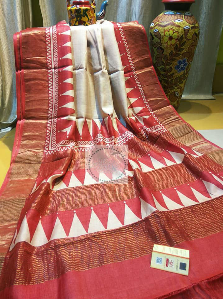 Red Beige Zari Block Printed Zari Border Pure Silk Mark Certified Tussar Silk Sarees - Dailybuyys