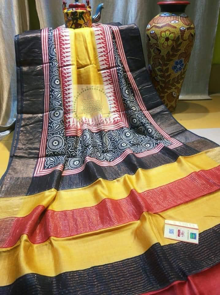 Black Yellow Block Printed Zari Border Pure Silk Mark Certified Tussar Silk Sarees - Dailybuyys