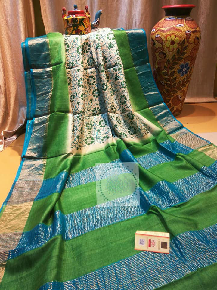 Green Beige Zari Block Printed Zari Border Pure Silk Mark Certified Tussar Silk Sarees - Dailybuyys