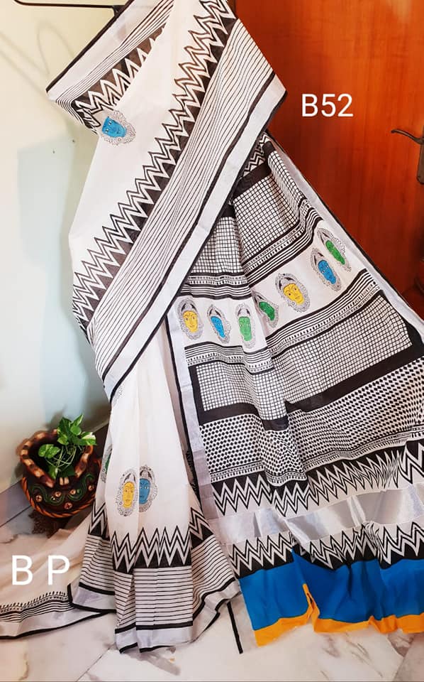 White Beige Kerala Pure Cotton Sarees - Dailybuyys