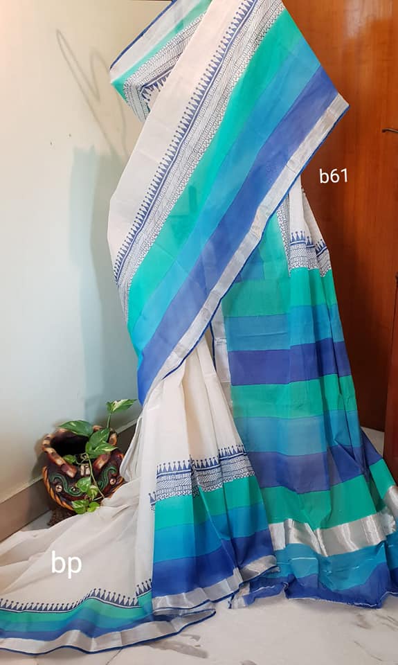 White Blue Kerala Pure Cotton Sarees - Dailybuyys